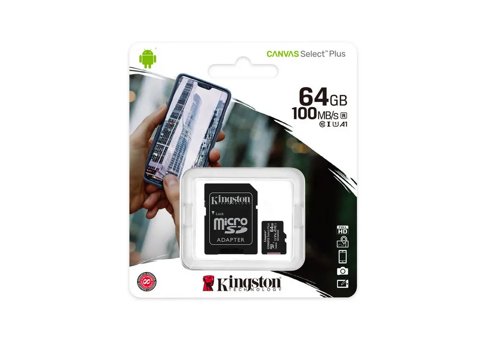 .64GB MicroSD (Class 10) UHS-I (U1) +SD adapter, Kingston Canvas Select+ 