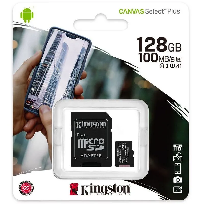 128GB MicroSD (Class 10) UHS-I (U1) +SD adapter, Kingston Canvas Select+ 