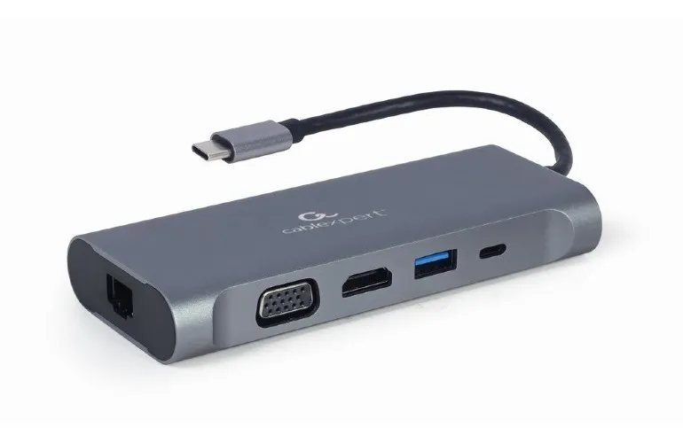 Adaptor Video Cablexpert A-CM-COMBO7-01, USB Type-C - LAN, VGA, HDMI, USB Type-C, USB Type-A, SD card-reader, Gri