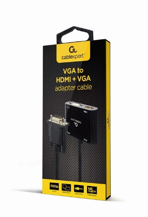 Adaptor Cablexpert A-VGA-HDMI-02, VGA D-Sub (M) - HDMI (F) + VGA, 0.15 m, Negru