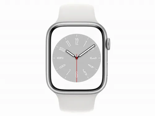Apple Watch Series 8 GPS, 45mm Silver Aluminium Case with White Sport Band, MP6N3