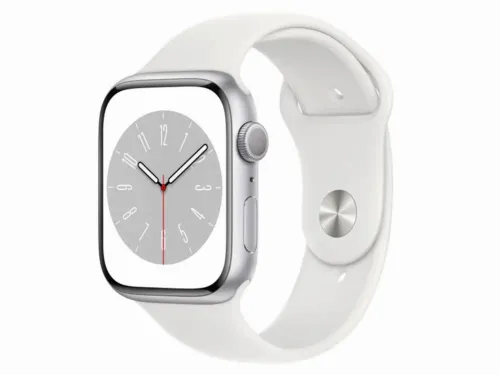 Apple Watch Series 8 GPS, 45mm Silver Aluminium Case with White Sport Band, MP6N3