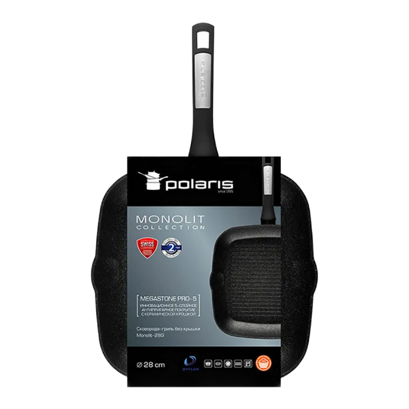 Tigaie-grill Polaris Monolit-28G, 28cm, Negru