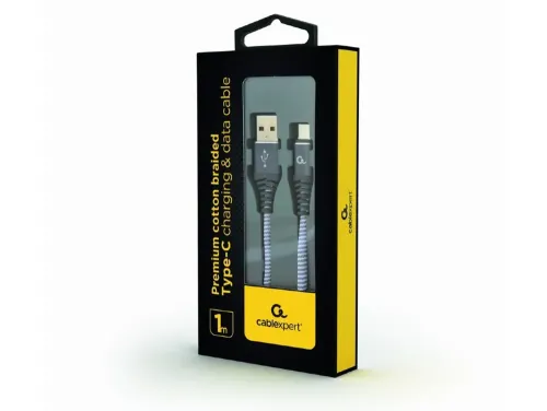 Blister Type-C/USB2.0, AM/CM,  1.0 m, Cablexpert Cotton Braided Spacegrey/WhiteCC-USB2B-AMCM-1M-WB2
