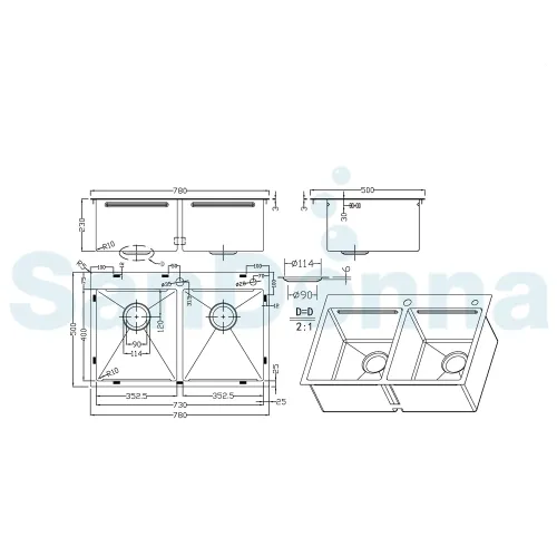 Chiuveta handmade SanDonna HD7850 dubla Auriu