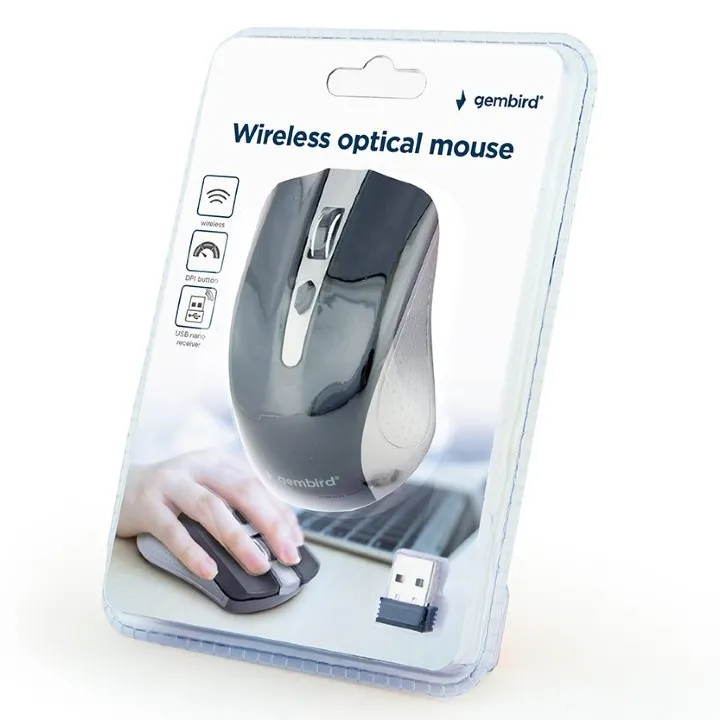 Wireless Mouse Gembird MUSW-4B-04-GB Optical 800-1600 dpi 4 buttons, Ambidextrous, 2xAAA, Grey/Black