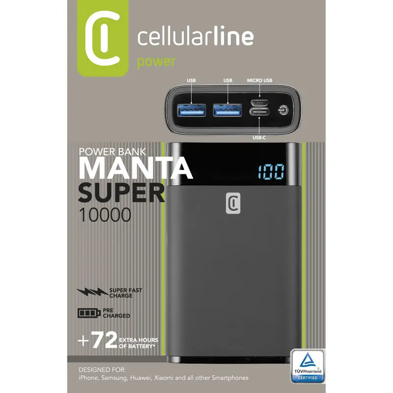 Портативное зарядное устройство Cellularline FreePower MANTA 10000, 10мА·ч, Чёрный