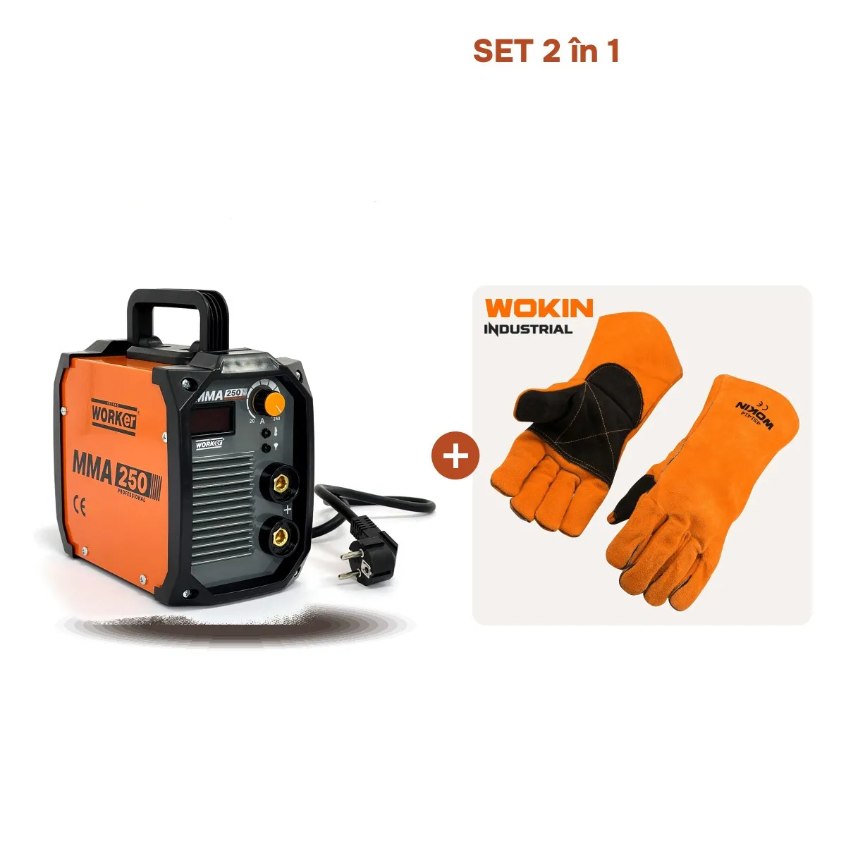 SET Aparat de sudura TECHNOWORKER Invertor MMA 250 + Manusi de sudura WOKIN