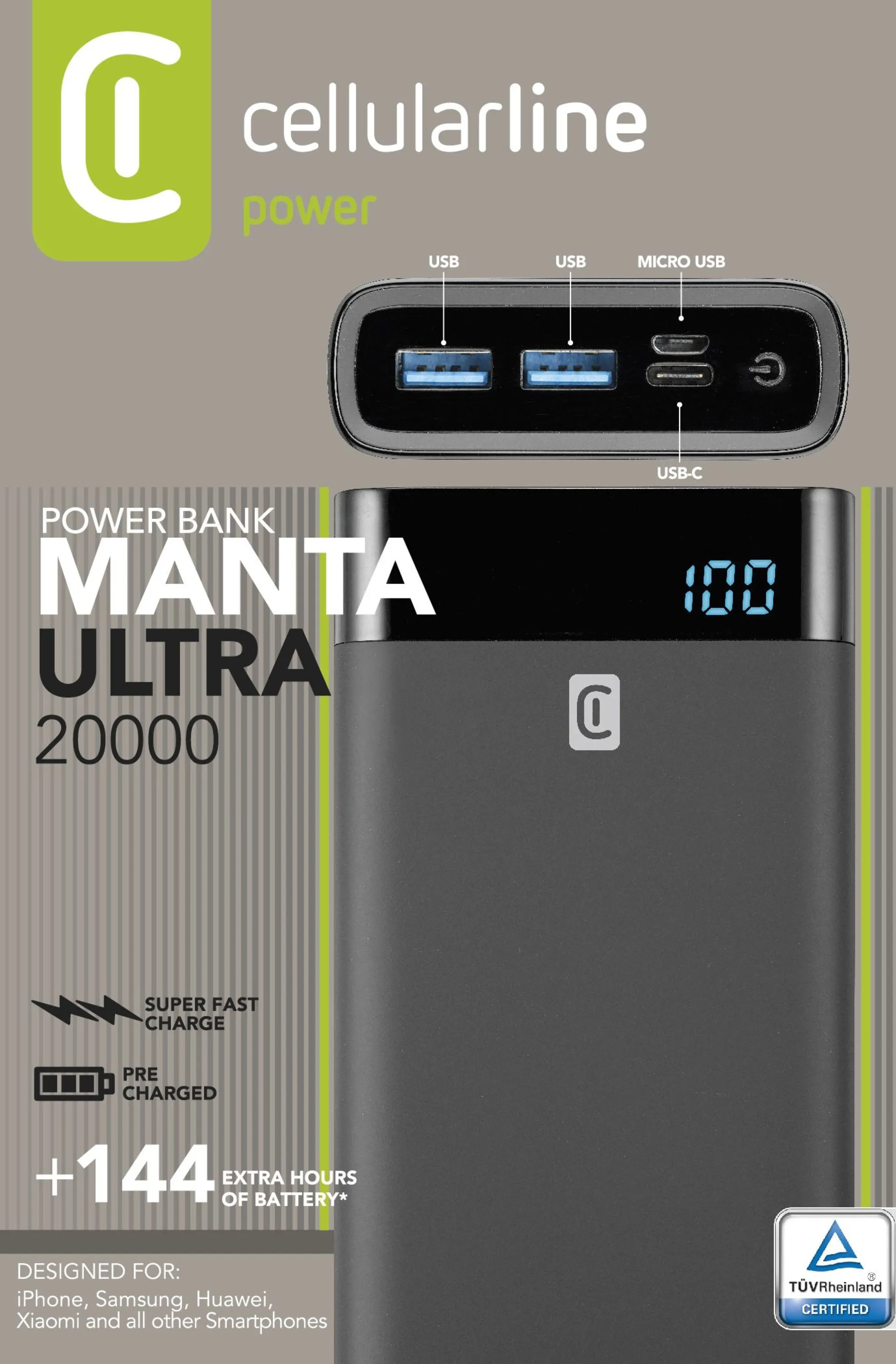 Портативное зарядное устройство Cellularline FreePower MANTA 20000, 20мА·ч, Чёрный