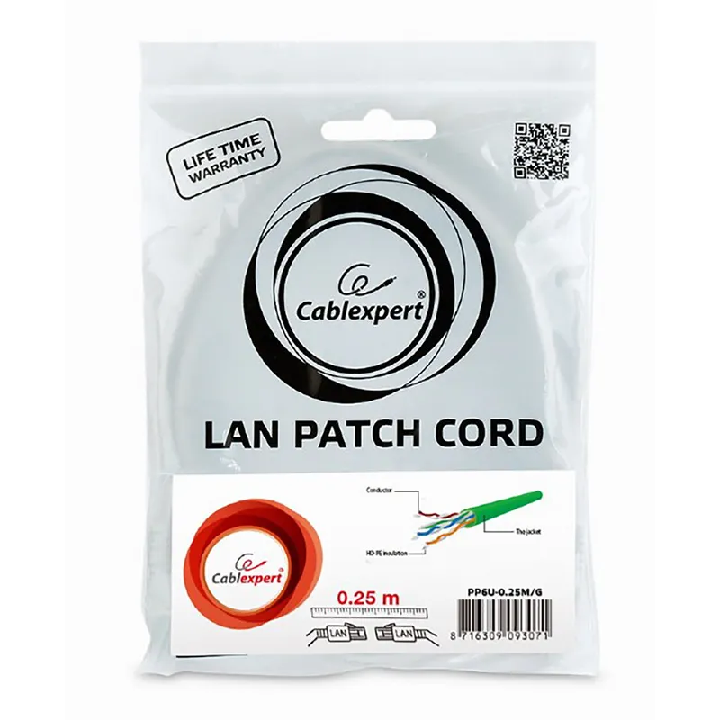 Patch cord Cablexpert PP6U-0.25M/G, Cat6 UTP, 0,25m, Verde
