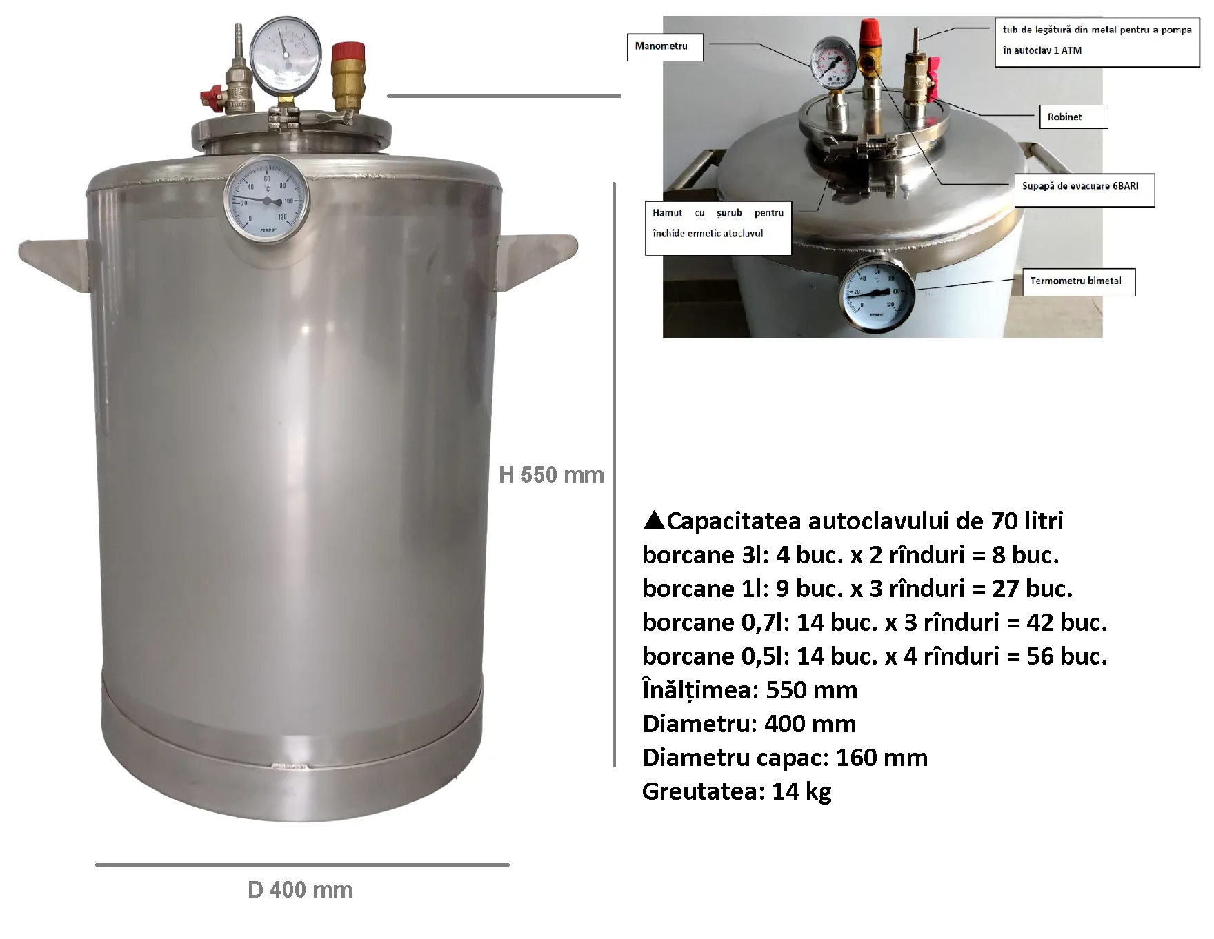 Autoclav 70 l, de conservare, sterilizare borcane