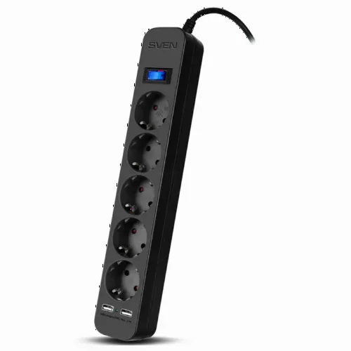 Сетевой фильтр SVEN SF-05LU, 5 Розеток, 3м, Чёрный