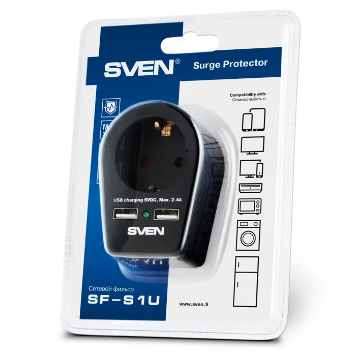 Сетевой фильтр SVEN SF-S1U, 1 Розеток, Чёрный