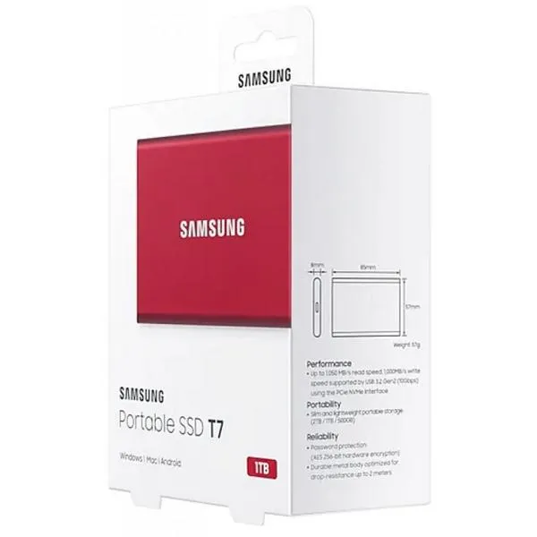 Внешний портативный SSD накопитель Samsung Portable SSD T7, 1 ТБ, Красный (MU-PC1T0R/WW)