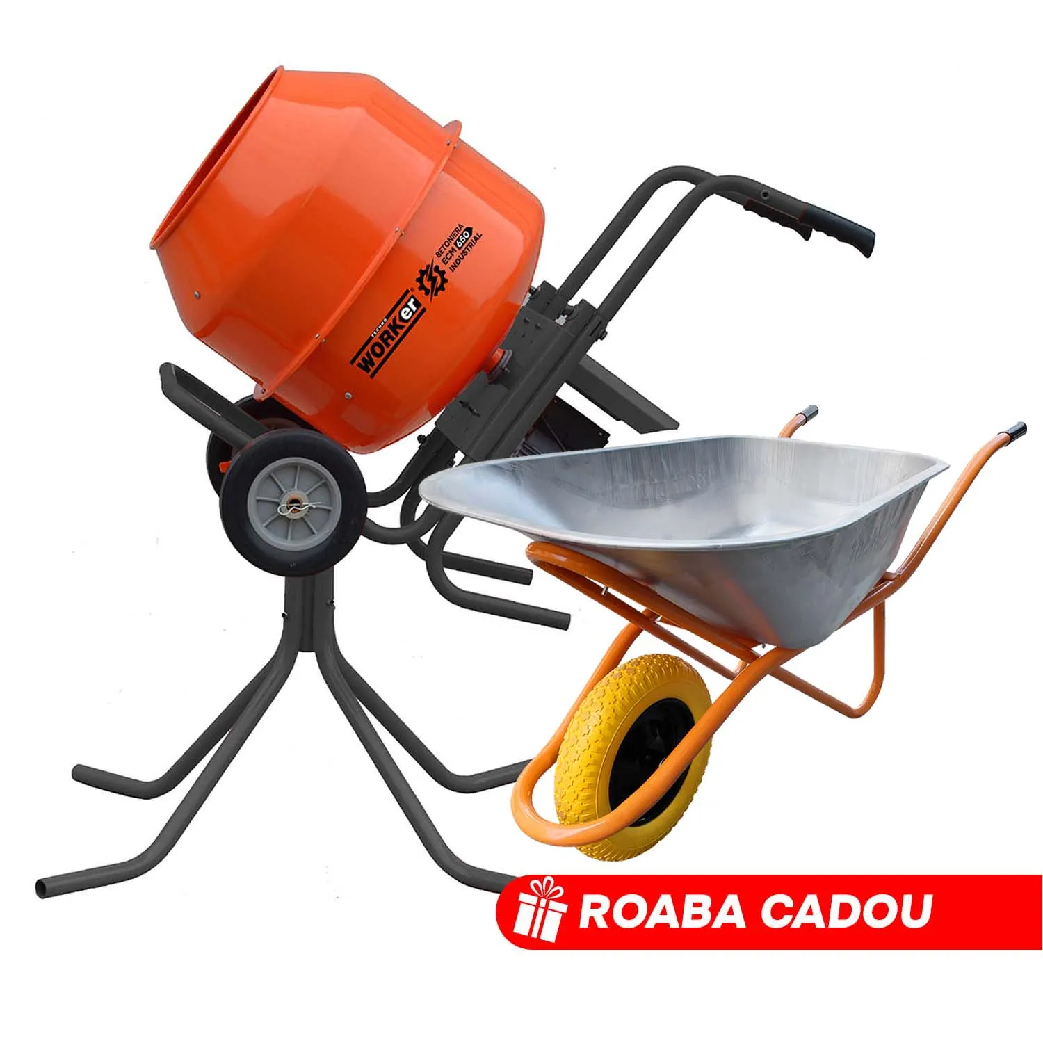 TIK TOK Betoniera TECHNOWORKER 180 L (Reductor) + stativ + Roaba 120 L Cadou