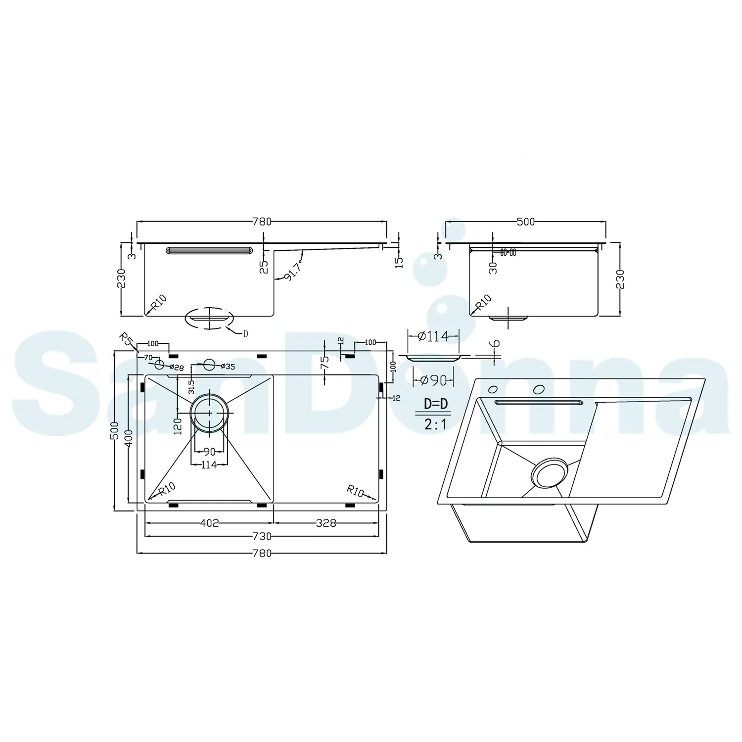 Chiuveta SanDonna HD7850 Auriu + Baterie Sandonna NERA Auriu