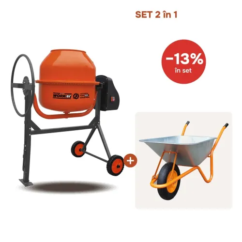 TIK TOK Betoniera TechnoWorker 160 L (Motor cupru)  + Roaba 85 L Cadou