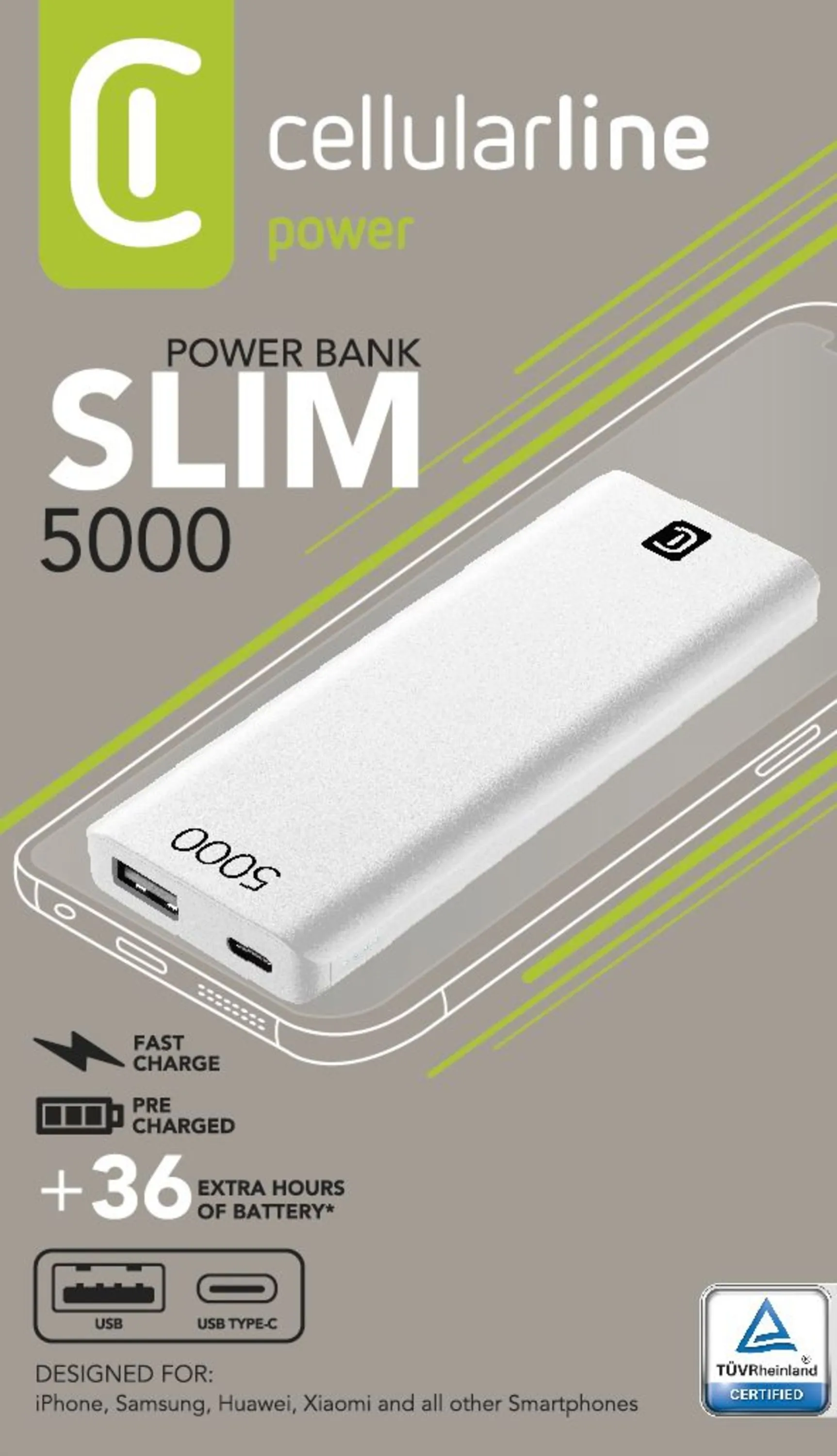 Портативное зарядное устройство Cellularline FreePower Slim 5000, 5мА·ч, Белый