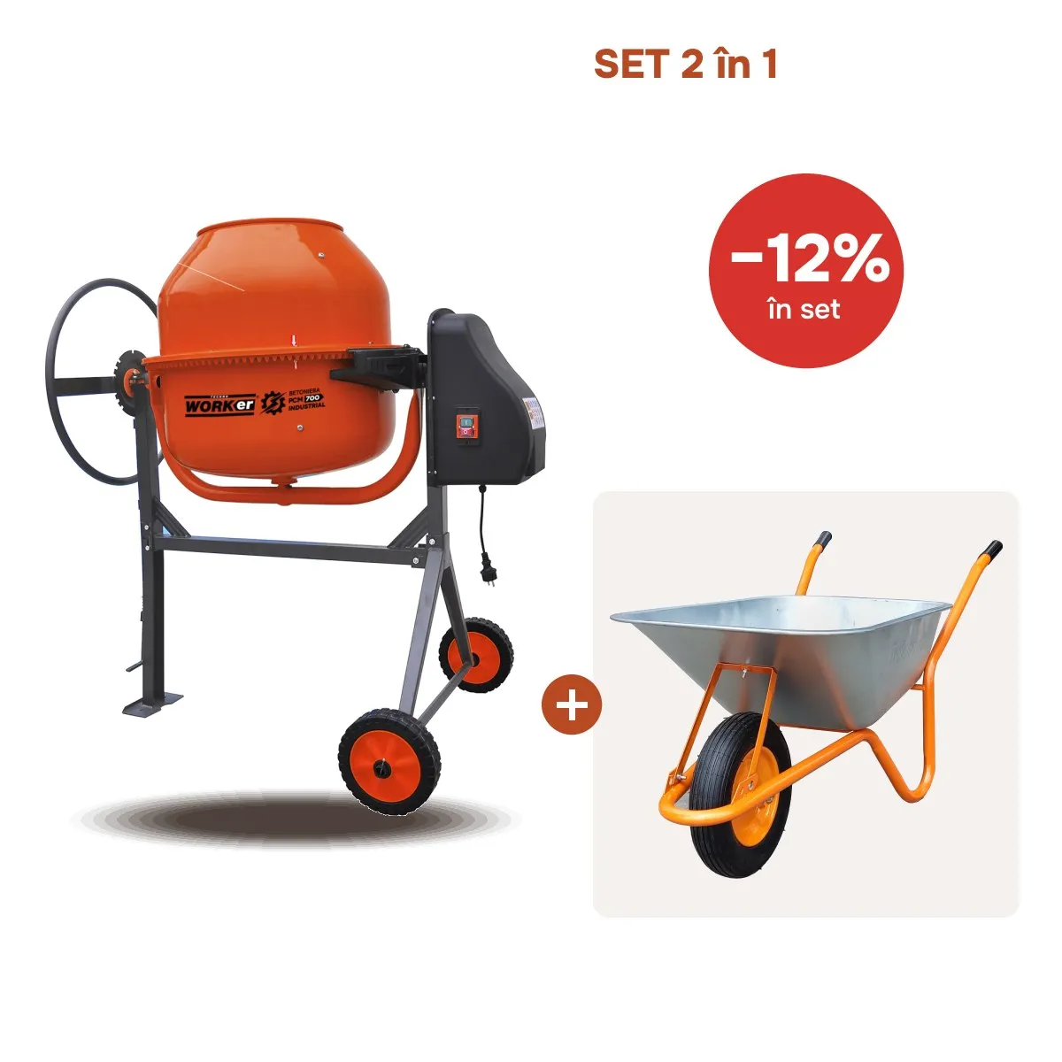 TIK TOK Betoniera TechnoWorker 200 L + Roaba 85 L Cadou