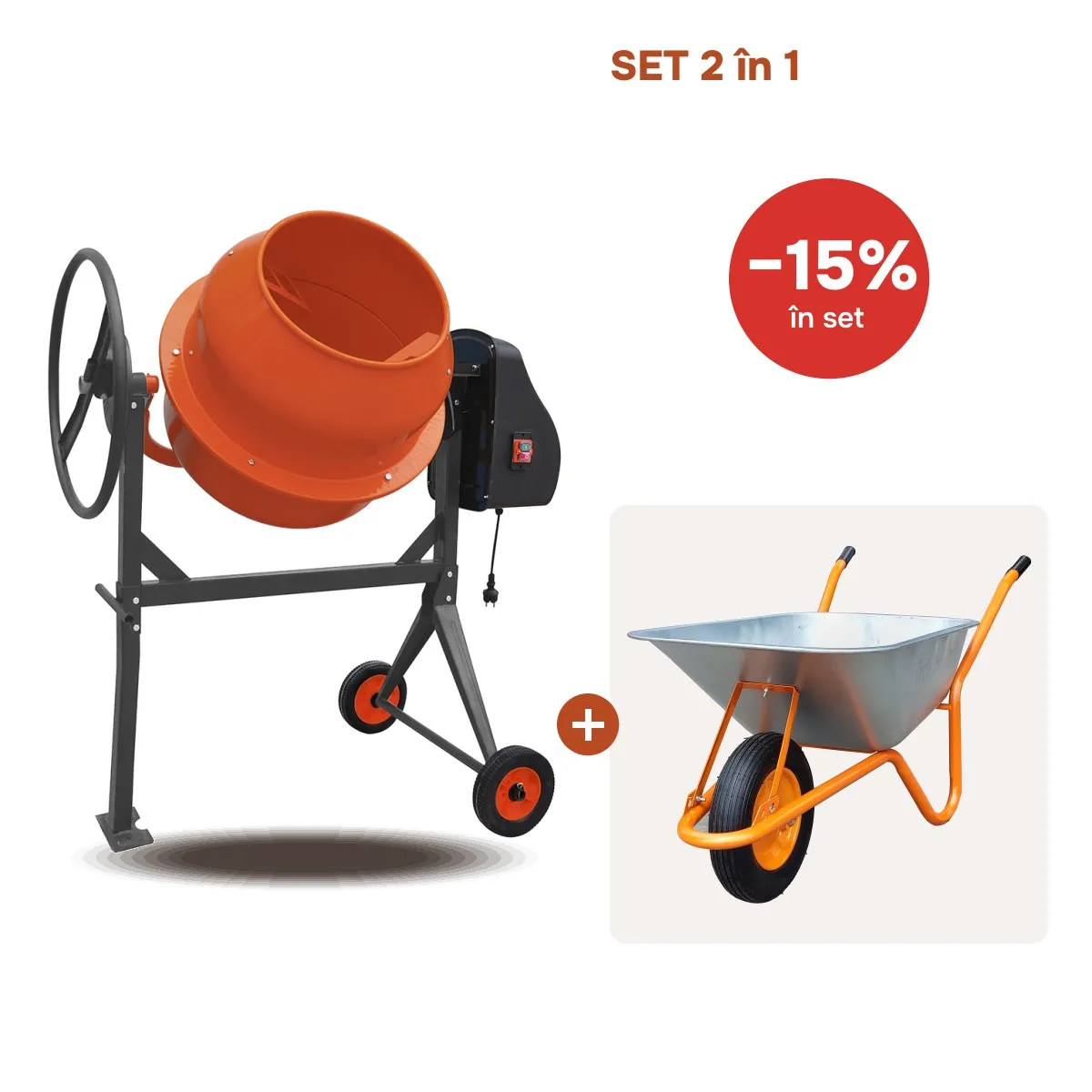 TIK TOK Betoniera TechnoWorker 140 L (Motor cupru) + Roaba 85 L Cadou