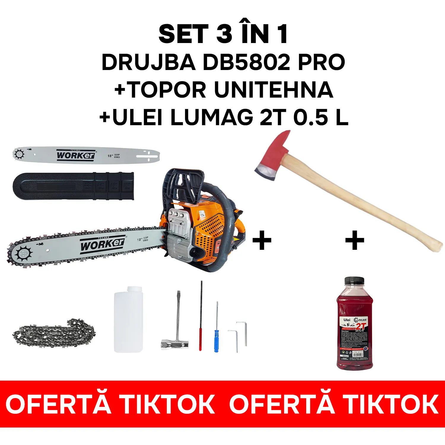 TikTok Бензопила TechnoWorker DB5802 PRO+Топор Unitehna для раскалывания+Двухтактное масло Lumag 2T 0.5 л (Произведено в ЕС)