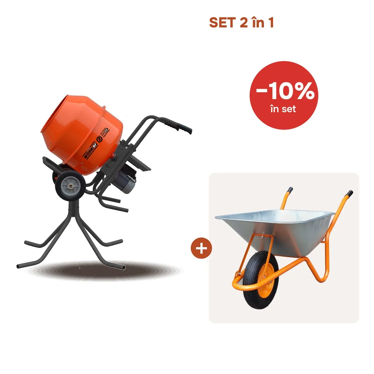 TIK TOK Betoniera TechnoWorker 180 L (Reductor) + stativ + Roaba 85 L Cadou