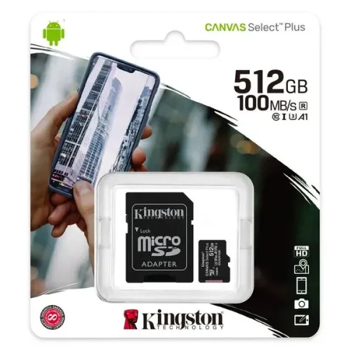 512GB MicroSD (Class 10) UHS-I (U3) +SD adapter, Kingston Canvas Select+ "SDCS2/512GB" (100/85MB/s)