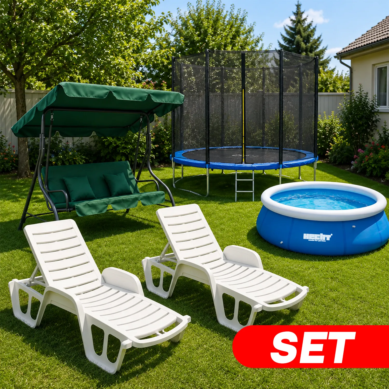 SET DE VARA (Balansoar RODOS verde+trambulina PE 1.82m+piscina Hecht3276+ 2sezlonguri Lettino Fisso)