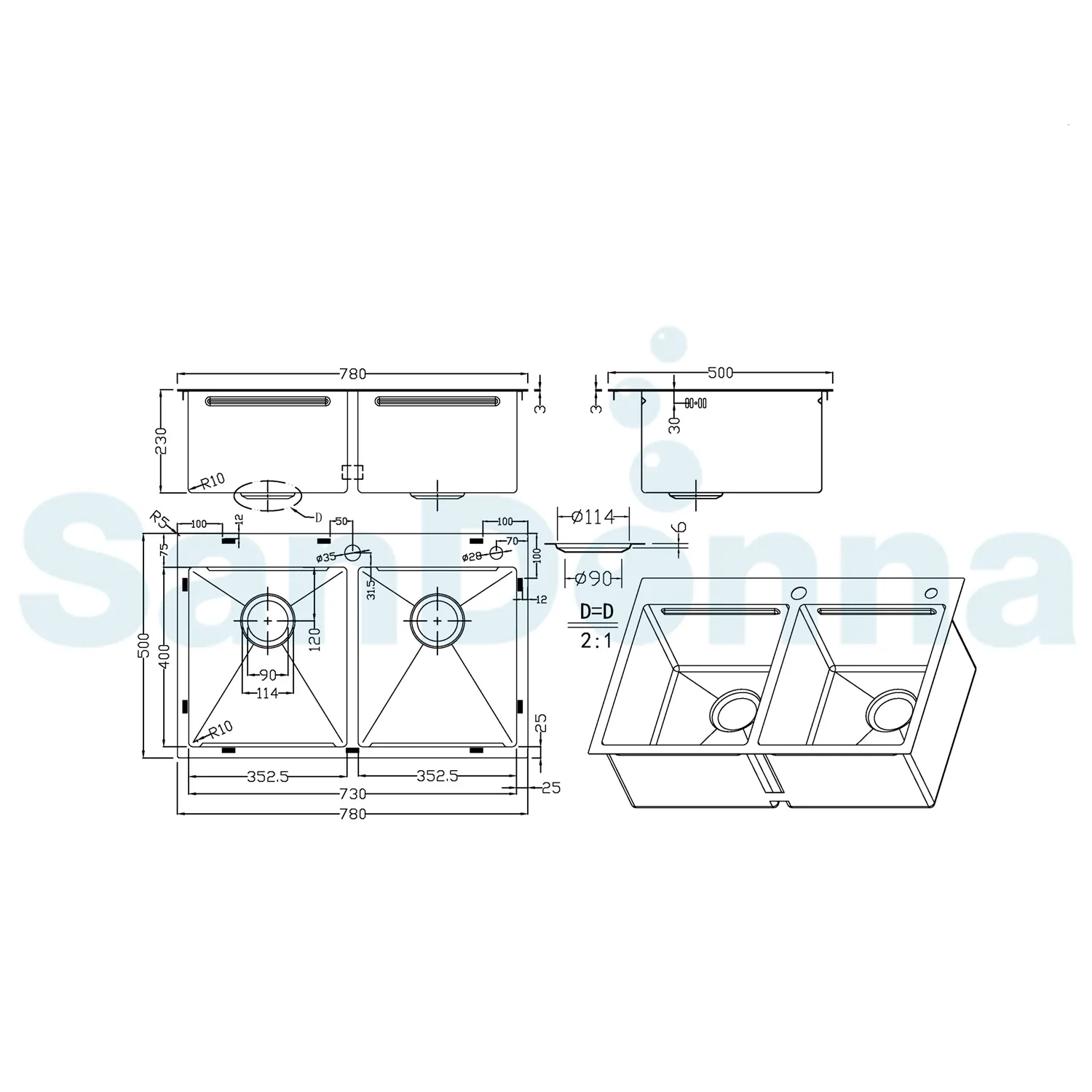Кухонная мойка handmade SanDonna HD7850 двойная (Чёрный)