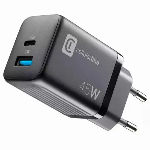 Încărcător Cellularline Wall Charger GAN, 2 Ports, 45W, 45W, Negru