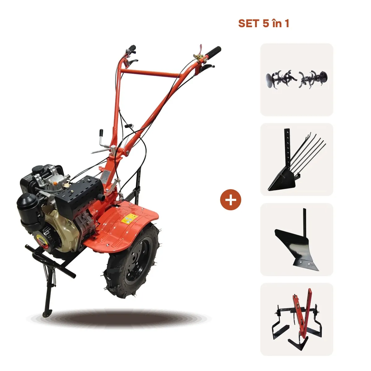 TikTok Motocultor TECHNOWORKER 100D + Freza + Plug arat + Plug cartofi + Cultivator
