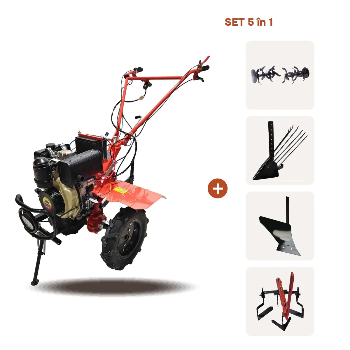 TikTok Motocultor TECHNOWORKER 105DE + Freza + Plug arat + Plug cartofi + Cultivator