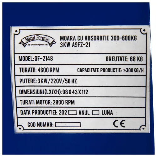 Moara electrica 300-600kg Micul Fermier 3кW A9FZ-21 (Cu absortie)