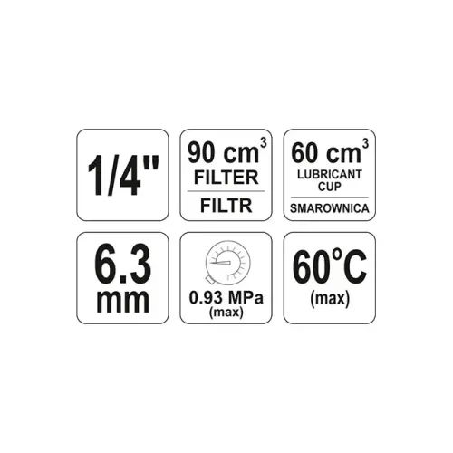 Редуктор с фильтром и маслораспылителем 0,93 МПа, 90/60 см³ 60 C, 1/4 дюйма YATO