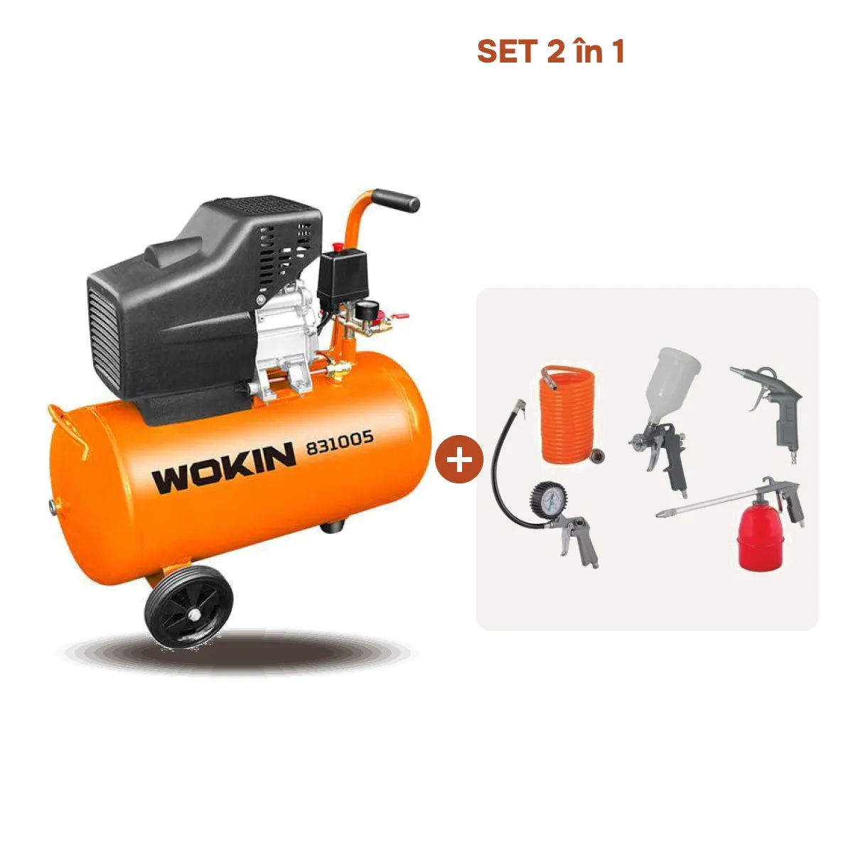 Compresor de aer 24L 1500W Wokin + Kit Accesorii aer comprimat TECHNOWORKER ATK-01 (5 piese)