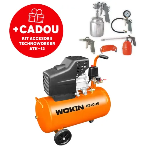 Compresor de aer 50L1500W Wokin + Kit Accesorii aer comprimat TECHNOWORKER ATK-12  (5 piese)
