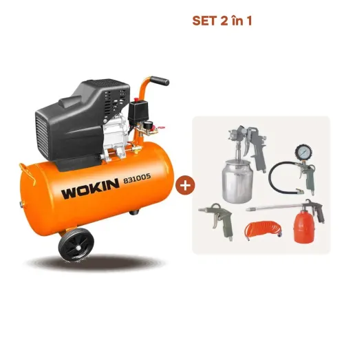 Compresor de aer 50L1500W Wokin + Kit Accesorii aer comprimat TECHNOWORKER ATK-12  (5 piese)