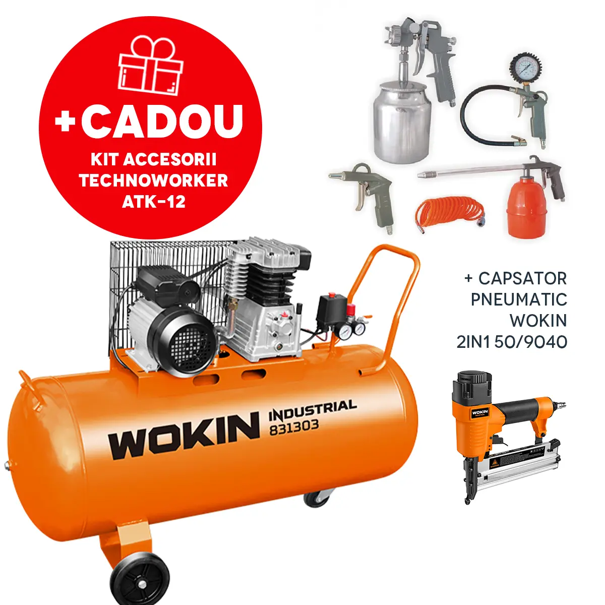 Compresor de aer WOKIN 2200W  100L +Kit Accesorii  ATK-12  (5 piese) + Capsator Wokin 50/9040