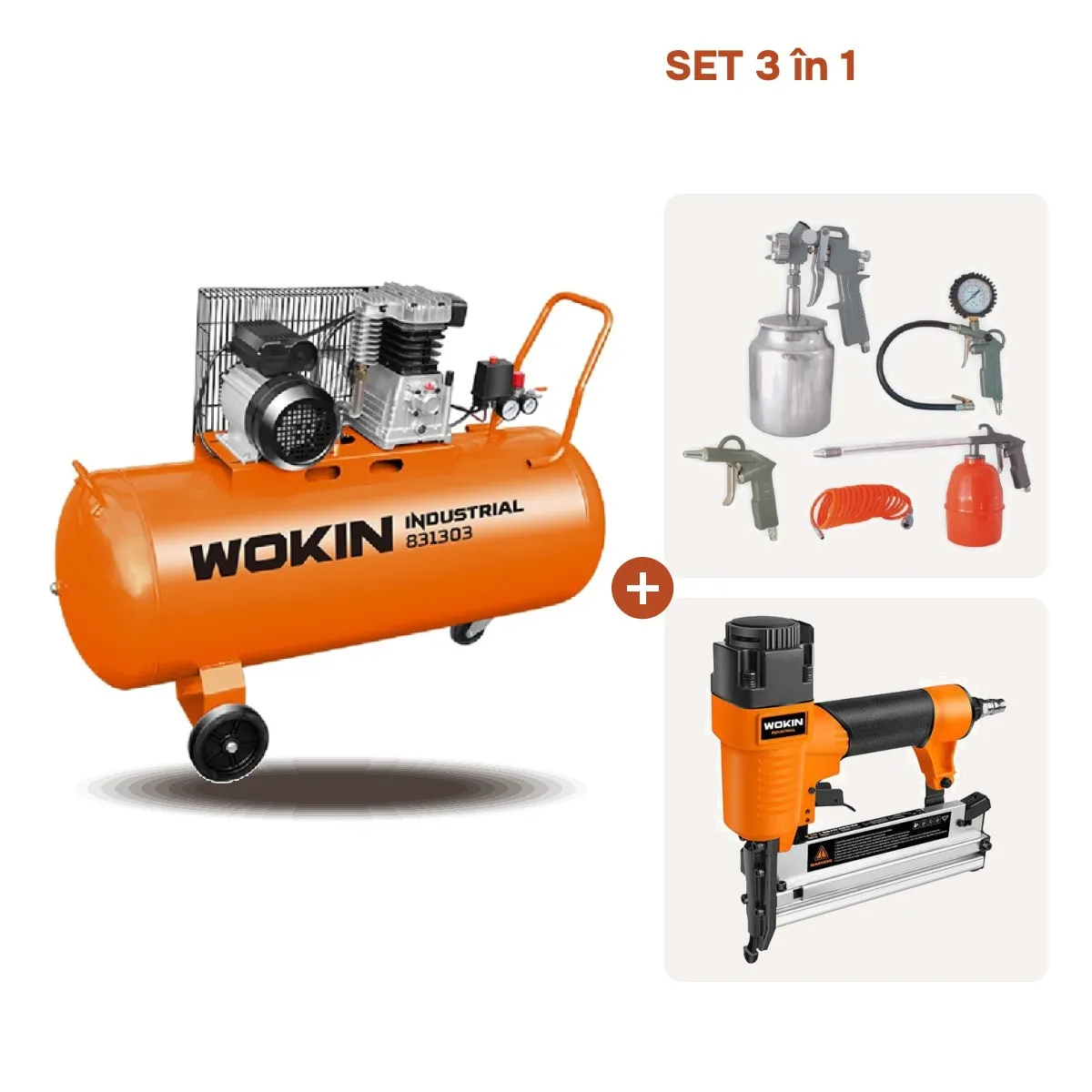 Compresor de aer 100L 2200W Wokin +Kit Accesorii  ATK-12  (5 piese) + Capsator Wokin 50/9040