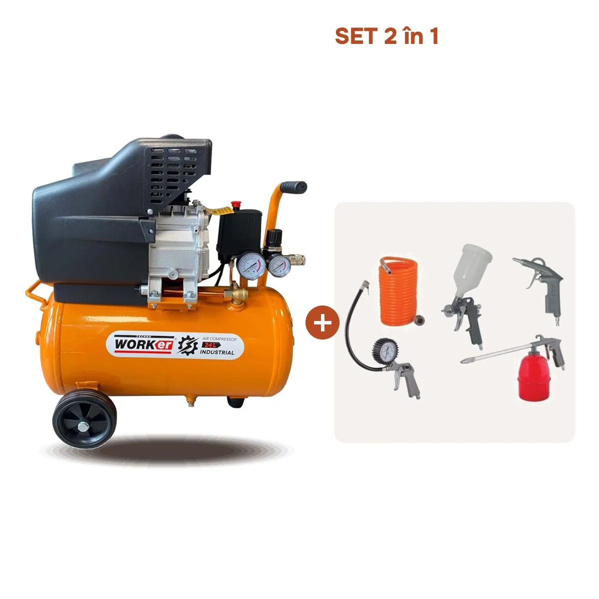 Compresor de aer 24L 150W TECHNOWORKER+Kit Accesorii aer comprimat TECHNOWORKER ATK-01 (5 piese)