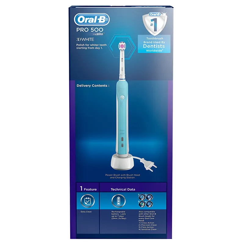 Электрическая зубная щетка Oral-B PRO 500 3D, Белый Синий