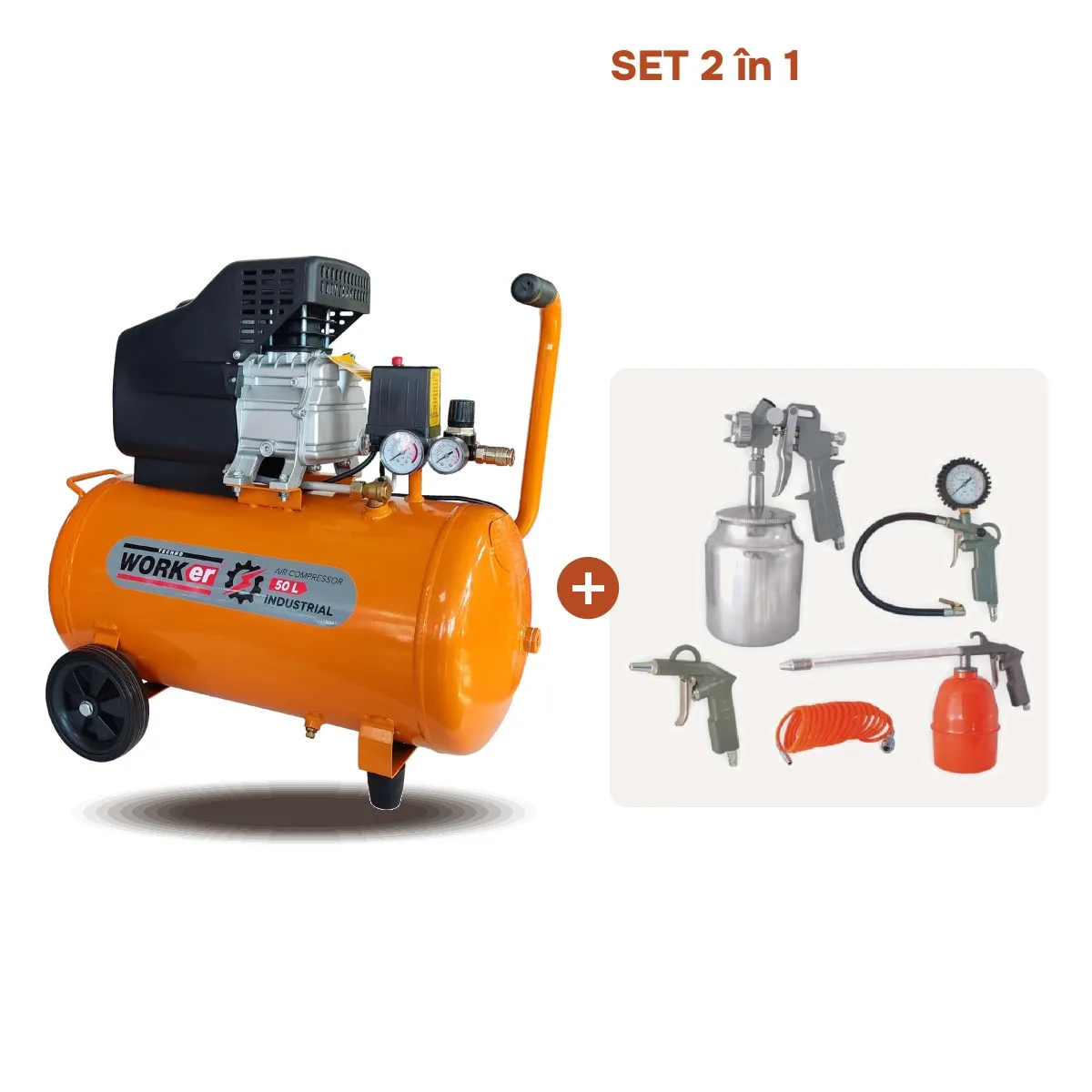 Compresor de aer 50L 1500W  TECHNOWORKER+Kit Accesorii aer comprimat TECHNOWORKER ATK-12  (5 piese)