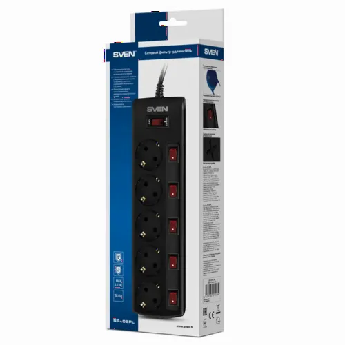 Prelungitor electric SVEN SF-05PL, 5 Prize, 1,8m, Negru