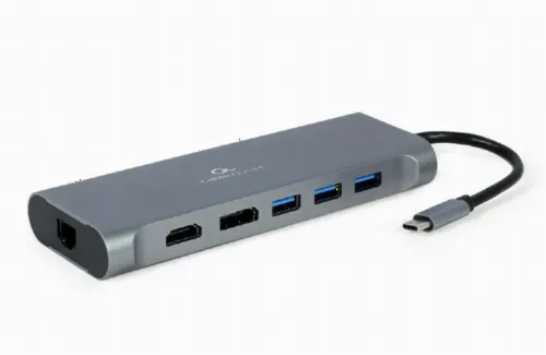 Видеоадаптер Cablexpert A-CM-COMBO8-01, USB Type-C - LAN, VGA, HDMI, USB Type-C, USB Type-A, SD card-reader, DisplayPort, ,Серый