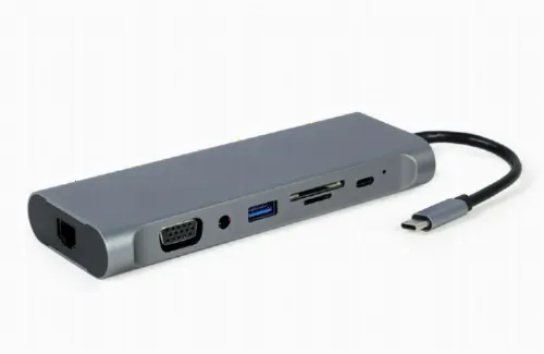 Видеоадаптер Cablexpert A-CM-COMBO8-01, USB Type-C - LAN, VGA, HDMI, USB Type-C, USB Type-A, SD card-reader, DisplayPort, ,Серый