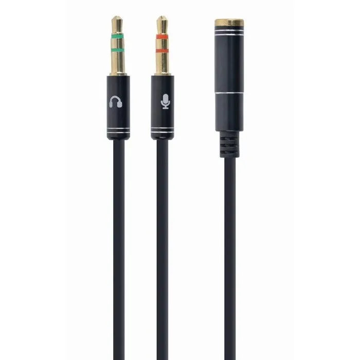 Аудио адаптер Cablexpert CCA-418M, 3.5mm 4-pin (F) - 2x3.5mm 3-pin (M), 0,2м, Чёрный