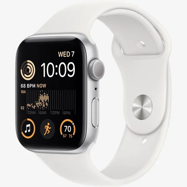 Apple Watch SE 2 44mm Aluminum Case with White Sport Band, MNK23 GPS, Silver