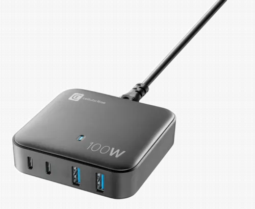 Зарядное устройство Cellularline Wall Charger GAN, 4 Ports, 100Вт, Чёрный