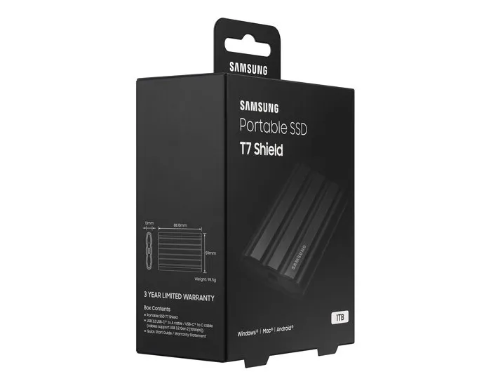 Внешний портативный SSD накопитель Samsung Portable SSD T7 Shield, 1 ТБ, Чёрный (MU-PE1T0S/WW)